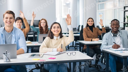 Preview: Smiling Students Raising Hands in Class