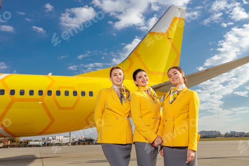 Preview: Three joyful flight attendants standing near plane at airport