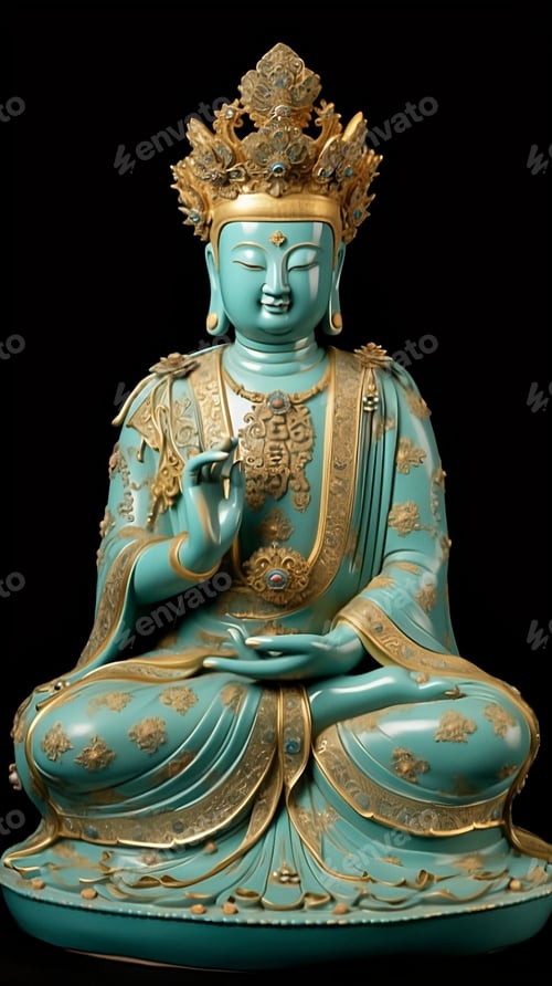 Preview: Ornate gold and blue Buddha statue of Dainichi Tathagata isolated on a black background