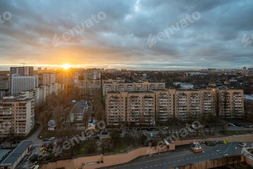 Preview: Aerial sunset panorama view of luxury upscale residential neighborhood gated community street
