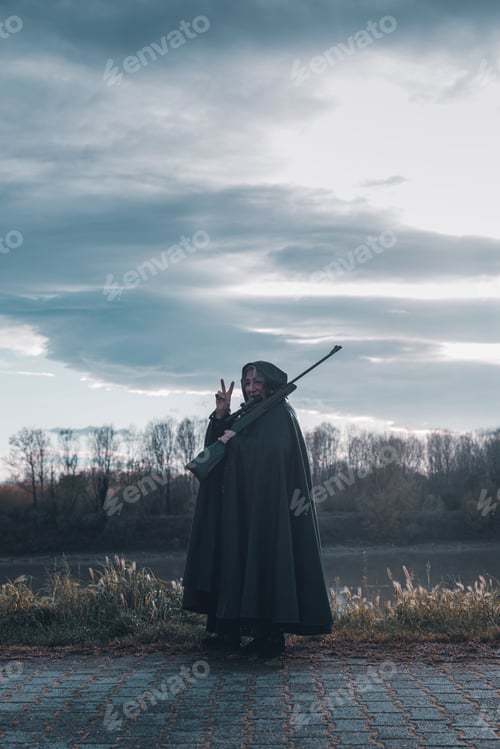 Preview: armed dark fat soldier marching on guard outdoors war evil dark ages concept