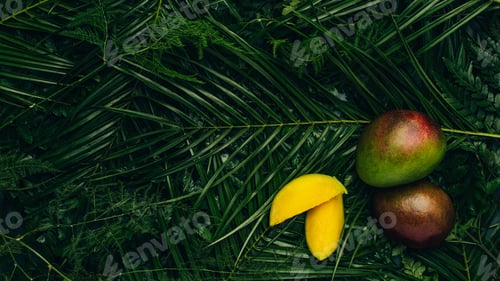 Preview: Top view of sweet organic mangos on palm leaves with copy space