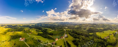 Preview: South styria vineyards aerial panorama landscape. Grape hills view from wine street in summer.