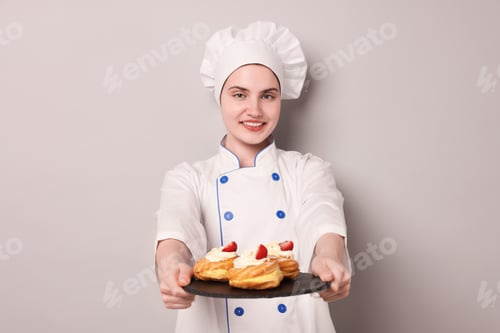 Preview: Confectioner in uniform holding delicious profiteroles on light grey background