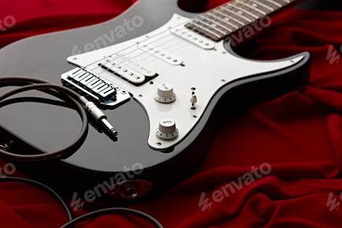 Preview: Black electric guitar, red background, nobody