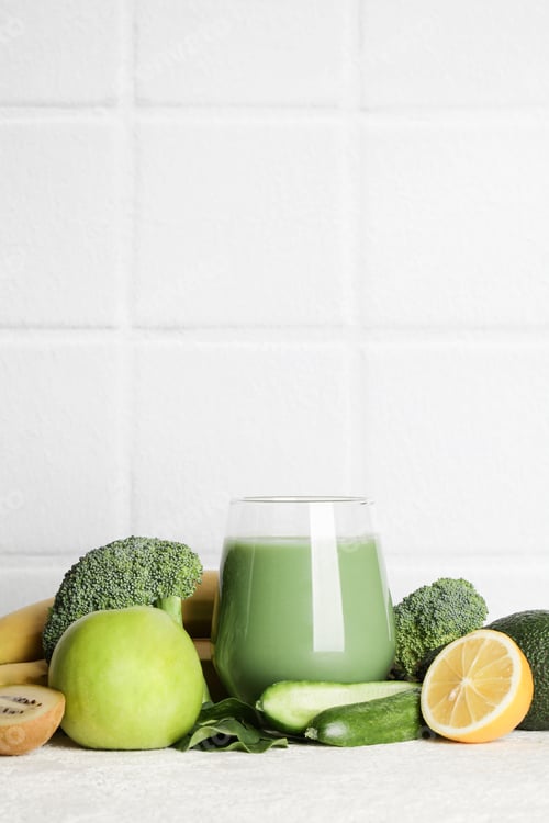 Preview: fresh green smoothie in glass with vegetables on white ceramic tile background. vegan food
