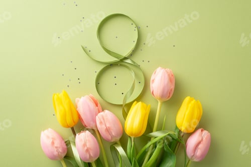 Preview: For the woman in your life: top view rich array of tulips, confetti and a ribbon curving into an 8