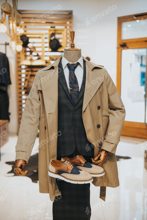 Preview: Vertical shot of a sophisticated suit with a pair of derby shoes on the mannequin on the display