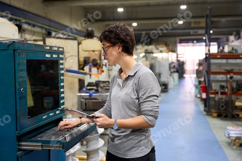 Preview: Female engineer operating machinery in metallurgy fabric custom mechanical parts factory