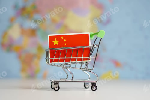 Preview: China national flag in miniature shopping trolley cart. Shopping online or shipping, duty concept.