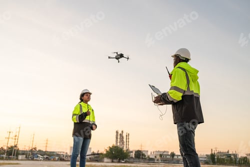 Preview: Team of Engineer Specialists Pilot Drone on Construction Site.