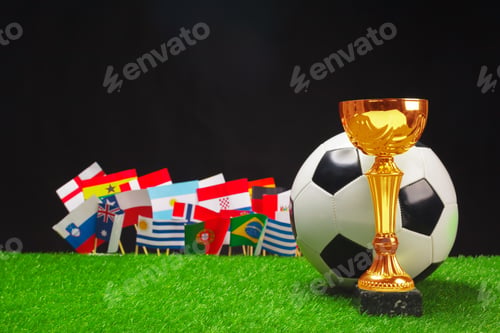 Preview: Soccer trophy and flags of participating nations at a football tournament
