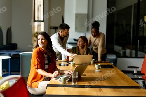 Preview: Business woman working on laptop with her young multiethnic startup team working in modern office