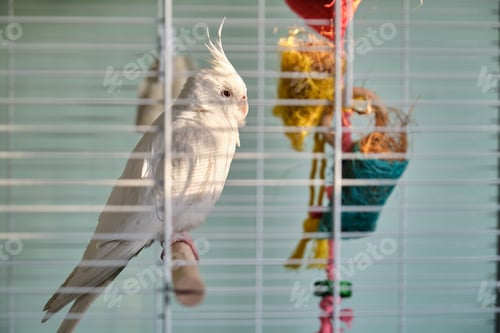 Preview: Albino cockatiel sunbathing in the birdcage.