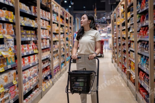 Preview: Young woman pushing shopping cart and choosing groceries in supermarket