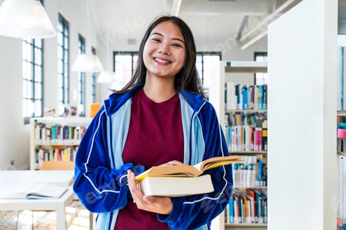 Preview: Happy young chinese student holding books in university library