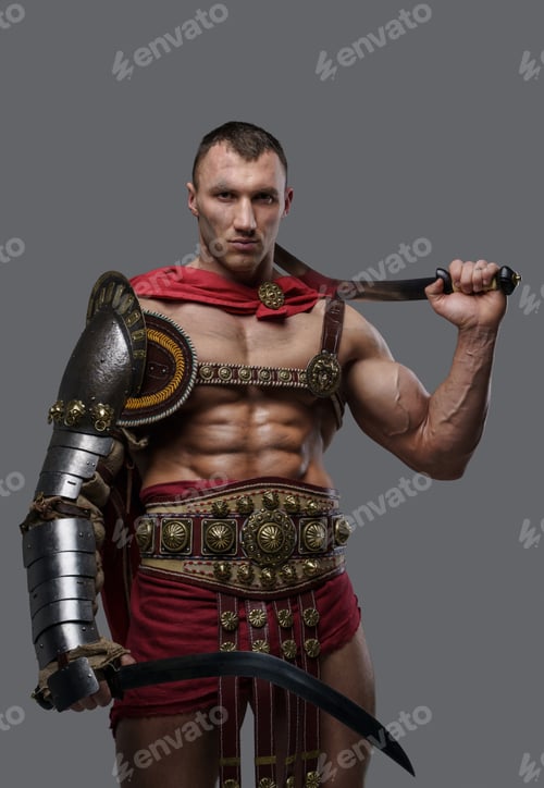 Preview: Muscular colosseum fighter holding twin swords against grey background