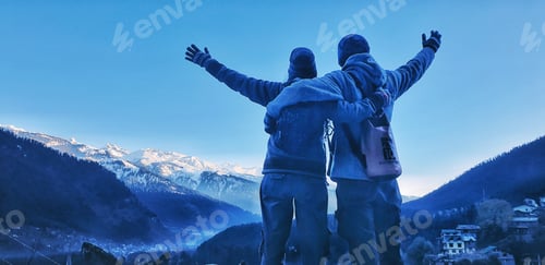 Preview: Closeup shot of a couple enjoying the view of Manali mountains, Himachal Pradesh