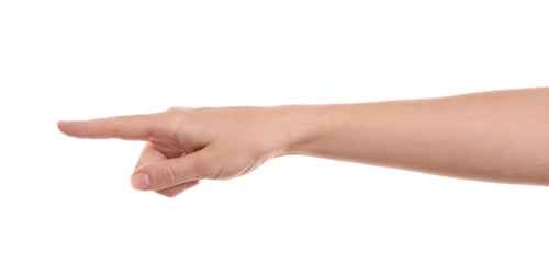Preview: Woman pointing at something on white background, closeup of hand