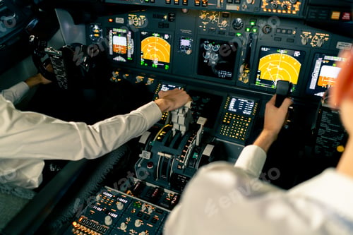 Preview: close-up radar control and navigation panel in cockpit of airplane screens buttons flight simulator