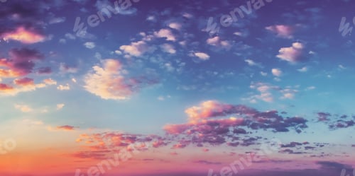 Preview: Panorama Sunset Sunrise Sky Background. Natural Bright Dramatic Sky In Sunset Dawn Sunrise. Yellow
