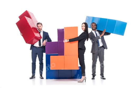Preview: multiethnic business people with colorful blocks isolated on white, business cooperation concept