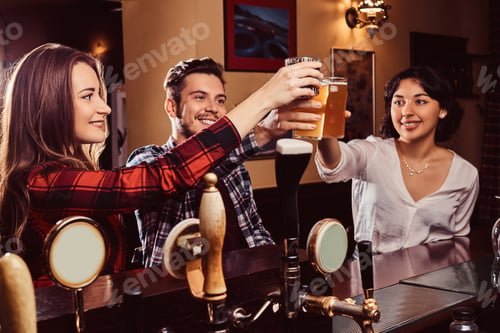 Preview: Happy multiracial friends making a toast with beer at bar or pub.