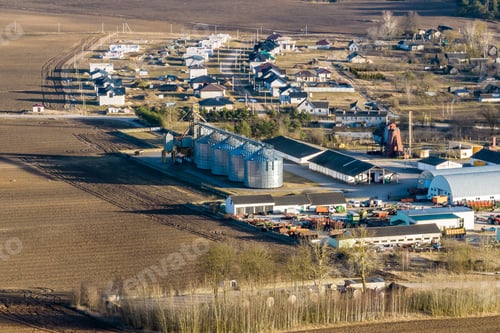 Preview: aerial panoramic view on agro-industrial complex with silos and grain drying line