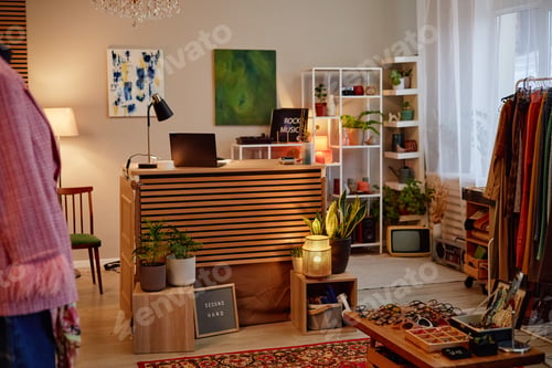 Preview: Checkout Counter in Second Hand Clothing Store Interior