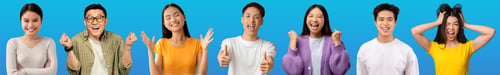 Preview: Collection of cheerful asian people posing on blue, collage