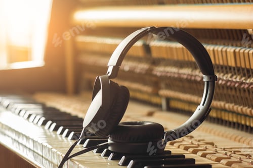 Preview: warm rays of sun fall on the piano keys and headphones