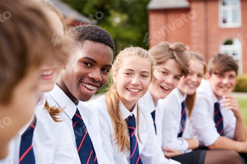 Preview: Group Of Teenage Students In Uniform Outside School Buildings