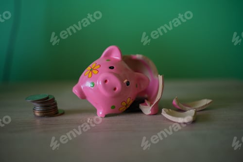 Preview: Broken piggy bank with coins next to it