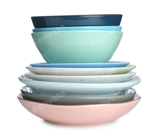 Preview: Stack of ceramic dishware isolated on white