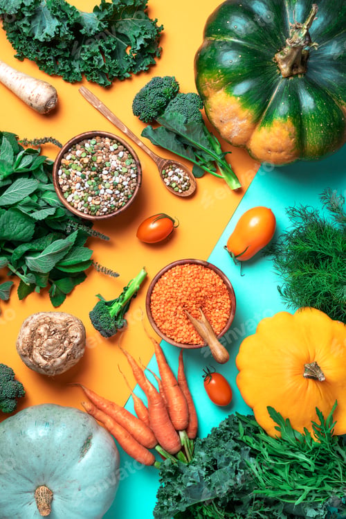 Preview: Organic vegetables, lentils, beans, raw ingredients for cooking on trendy yellow and green