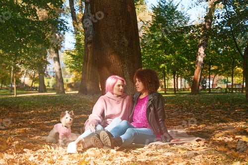 Preview: Two friends with dog resting in public park
