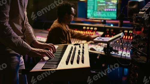 Preview: Musician playing piano midi controller in control room at recording studio
