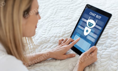Preview: Blonde woman using chatbot on digital tablet, home interior