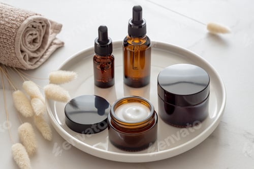 Preview: Cosmetics packaging. Set of different cosmetic bottles of cream or serum on a ceramic tray.