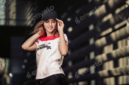 Stylish Young Woman with Cap Posing Outdoors