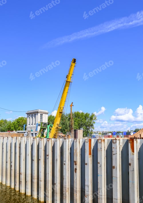 Preview: Port industrial cranes on the river and unloading warehouse on a clear sunny day