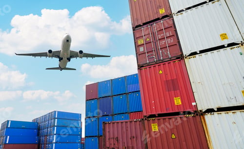 Preview: Cargo airplane flying above logistic container. Air logistic. Cargo and shipping business. Container