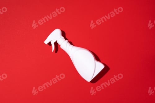 Preview: White plastic bottle of cleaning product, household chemicals or liquid laundry detergent on red