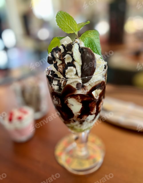 Preview: Iced coffee with whipped cream and chocolate topping in a glass at the restaurant