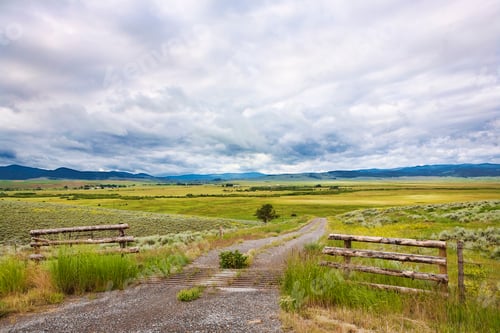 Preview: The Montana landscape, open grassland, fences, dirt road, and clouds.