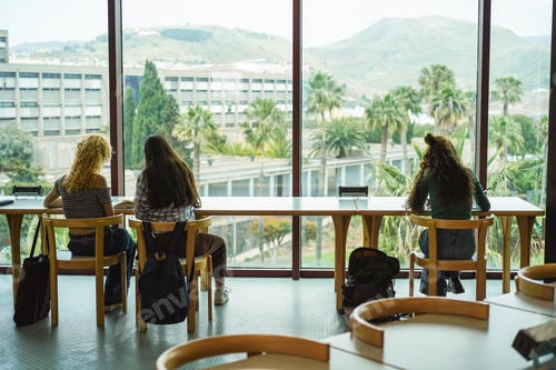 Preview: Young group of students studying inside university library - Focus on girls back
