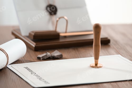 Preview: Vintage notary stamp and documents on wooden table