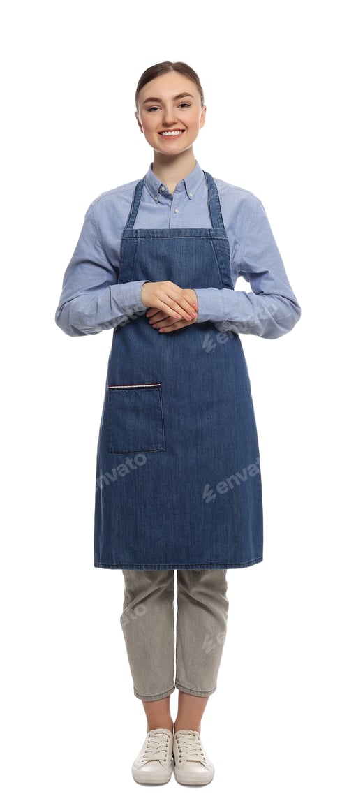 Preview: Beautiful young woman in clean denim apron on white background
