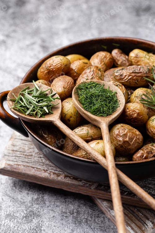 Preview: Pan filled with roasted potatoes shot on rustic wooden table.
