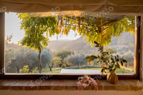 Scenic View Through Rustic Window